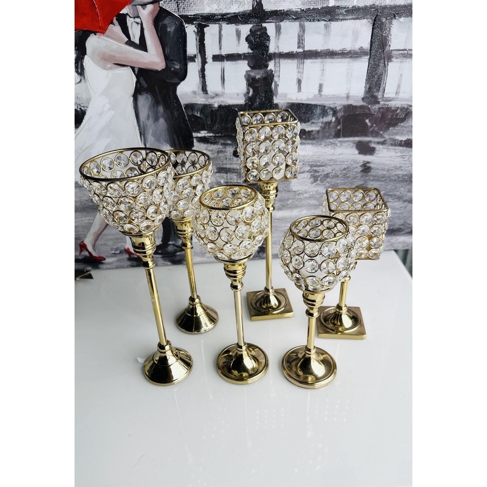Crystal With Brass Candle Holder Metal Gold, 6 pcs
